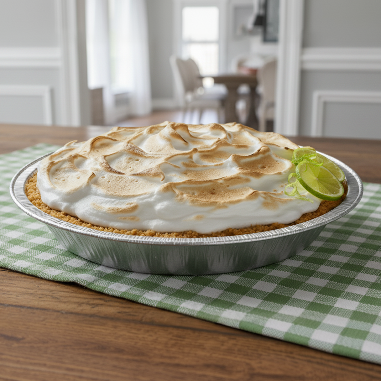 Whole Key Lime Pie on a wooden table and a green and white gingham napkin